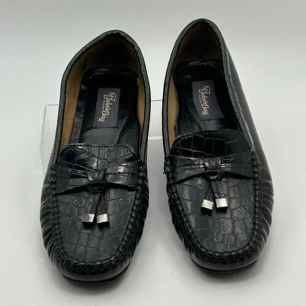 VTG St Johns Bay Loafers Women 8.5 Black Croc Embossed Tassel Driving Mocs Prepp